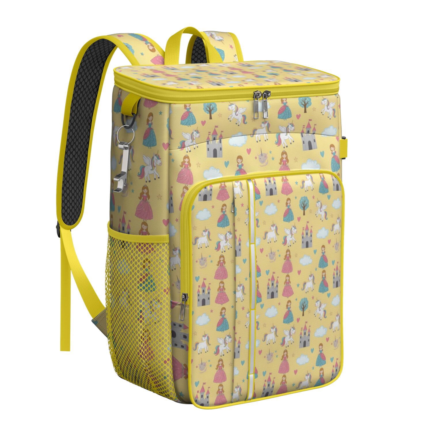 Travel Cooler Bag - Yellow Princess Castle Unicorn Pattern Camping Beer Cooler Backpack with Bottle Opener- Waterproof Insulated Picnic Backpacks - Cooler Bag for Beach