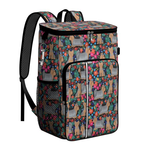 Travel Cooler Bag - Yorkie Dog and Flower Florals Camping Beer Cooler Backpack with Bottle Opener- Waterproof Insulated Picnic Backpacks - Cooler Bag for Beach
