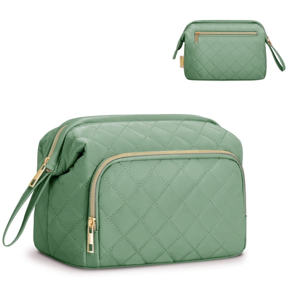Travel Cosmetic Bag Fashion Quilted Make up Organizer Lightweight Wide-Open Pouch with Handle Easy-Clean Pocket for Brushes for Women, Dark Green