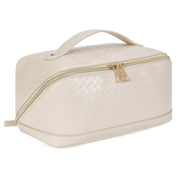 Travel Cosmetic Bag, Large Capacity Organizer Makeup Bag, Portable Leather Waterproof Women, Woven Open Flat Makeup Organizer Bag Quilted Cosmetic Bag with Handle and Dividerr for Women, White