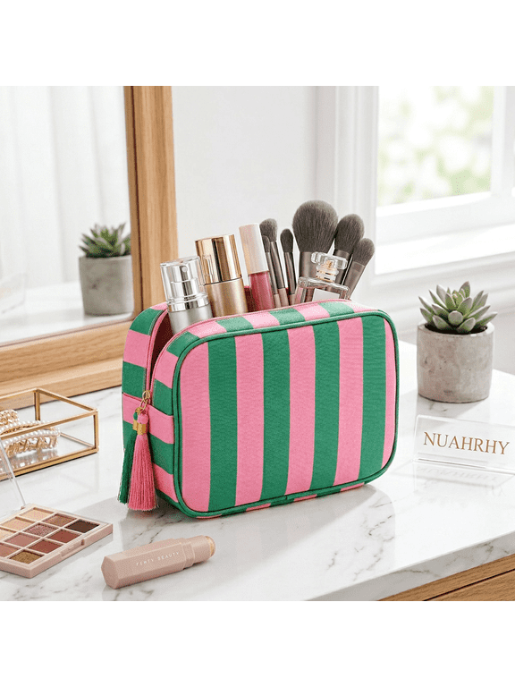 Travel Cosmetic Bag, Makeup Organizer Pouch for Women, Stripe Toiletry Bag with Tassels, Water-Resistant Makeup Pouch for Everyday Essentials and Travel