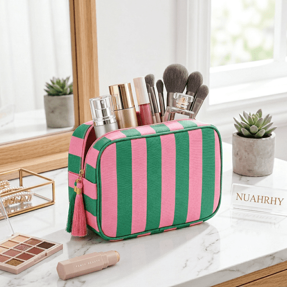 Travel Cosmetic Bag, Makeup Organizer Pouch for Women, Stripe Toiletry Bag with Tassels, Water-Resistant Makeup Pouch for Everyday Essentials and Travel