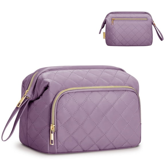 Travel Cosmetic Makeup Bag Fashion Quilted Make up Organizer Lightweight Wide-Open Pouch with Handle Easy-Clean Pocket for Brushes for Women, Purple