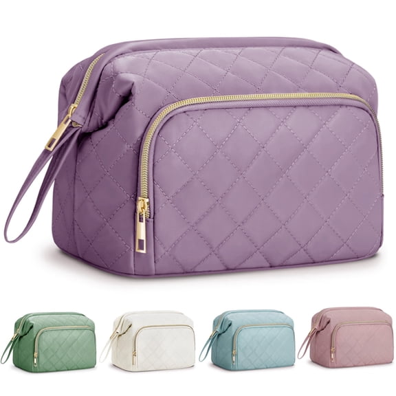 Travel Cosmetic Makeup Bag Fashion Quilted Make up Organizer Lightweight Wide-Open Pouch with Handle Easy-Clean Pocket for Brushes for Women, Purple