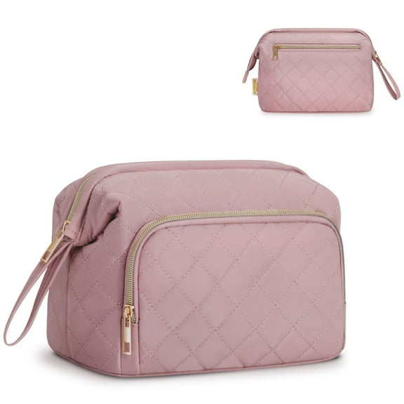 Travel Cosmetic Makeup Bag Fashion Quilted Make up Organizer Lightweight Wide-Open Pouch with Handle Easy-Clean Pocket for Brushes for Women, Pink