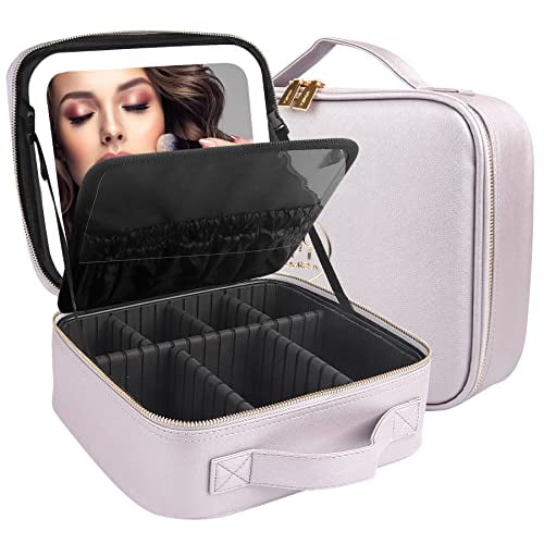 Travel Cosmetic Train Case with Lighted Mirror 3 Color Scenarios Cosmetic Bag Organizer with Adjustable Dividers Makeup Storage for Women, Makeup Accessories & Tools Case Violet Grey