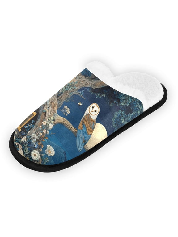 Travel Cozy Plush Slippers Non-Slip House Slipper for Men/Women with Storage Bag for Hotel Home,Midnight Owl Printed