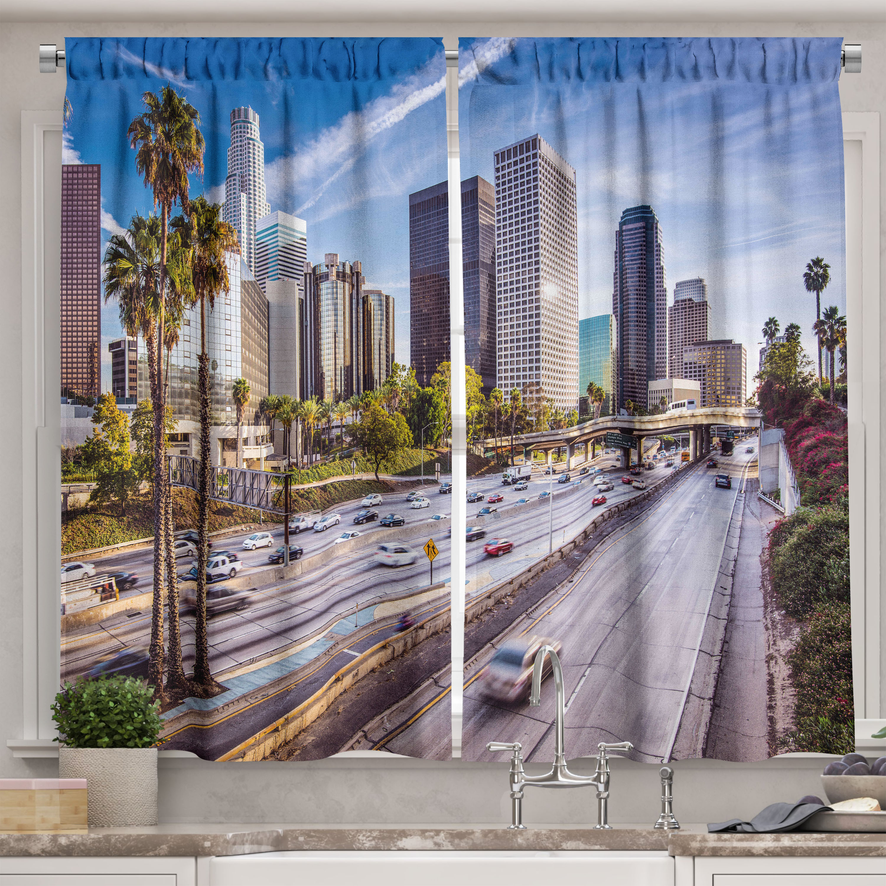Travel Curtains 2 Panels Set, Downtown Cityscape of Los Angeles
