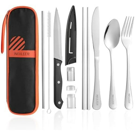 Travel Cutlery, Portable Cutlery Set | Portable Silverware Set, 18/8 Stainless Steel Lunch Reusable Travel Cutlery Set, Fork and Spoon/Knife Set for Camping | Full-size camping cutlery set.