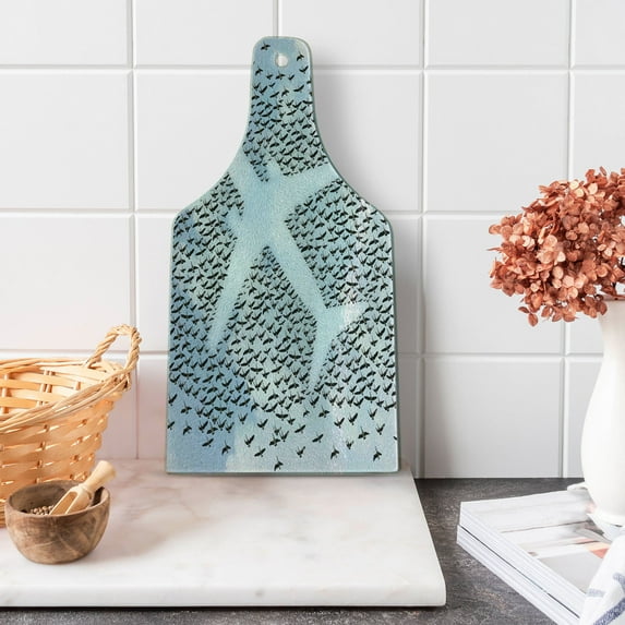 Travel Cutting Board, Airplane in the Sky with Doves Bird Hummingbird Flock Adventure Vacation, Tempered Glass Cutting and Serving Board, Wine Bottle Shape, Pale Blue Black White, by Ambesonne