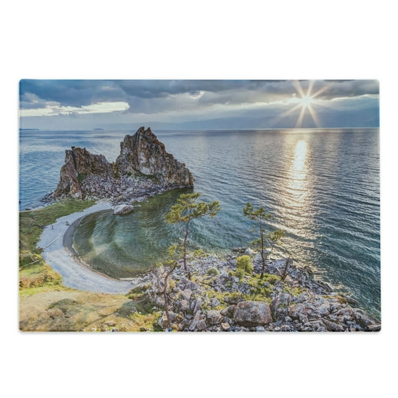 Travel Cutting Board, Shaman Rock Lake Baikal in Russia Coastal Theme Sun Rays Scenic Vista Print, Decorative Tempered Glass Cutting and Serving Board, Large Size, Green Brown Blue, by Ambesonne