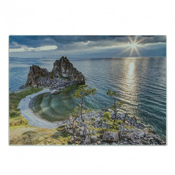 Travel Cutting Board, Shaman Rock Lake Baikal in Russia Coastal Theme Sun Rays Scenic Vista Print, Decorative Tempered Glass Cutting and Serving Board, Small Size, Green Brown Blue, by Ambesonne