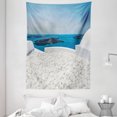 thumbnail image 1 of Travel Decor Tapestry, Hotel with White Stones Santorini Island Greece Landscape with Sea, Wall Hanging for Bedroom Living Room Dorm Decor, 60W X 80L Inches, Turquoise and White, by Ambesonne, 1 of 2