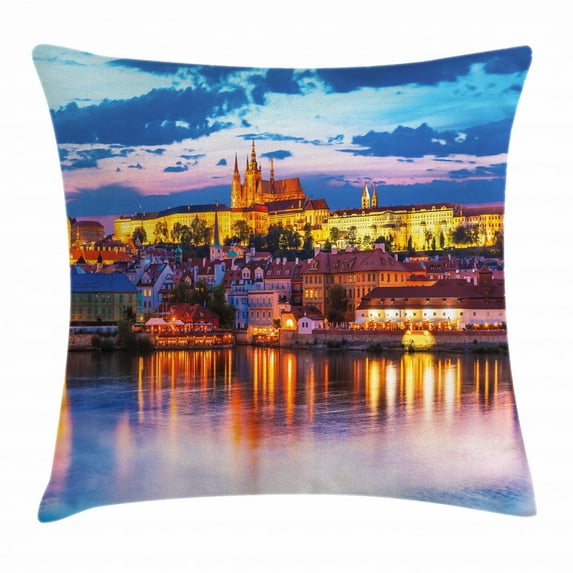Travel Decor Throw Pillow Cushion Cover, Evening in Prague Czech Republic St.Vitus Cathedral Historical Architecture, Decorative Square Accent Pillow Case, 20 X 20 Inches, Multicolor, by Ambesonne