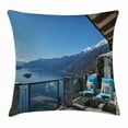 thumbnail image 1 of Travel Decor Throw Pillow Cushion Cover, Long Seats in Terrace with Lake Sea View Summer Holiday Theme Print, Decorative Square Accent Pillow Case, 18 X 18 Inches, Blue White and Green, by Ambesonne, 1 of 2