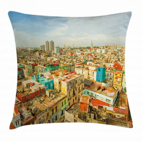 Travel Decor Throw Pillow Cushion Cover, Panorama of Havana City Vedado District in Cuba Old Colorful Houses Historic, Decorative Square Accent Pillow Case, 18 X 18 Inches, Multicolor, by Ambesonne
