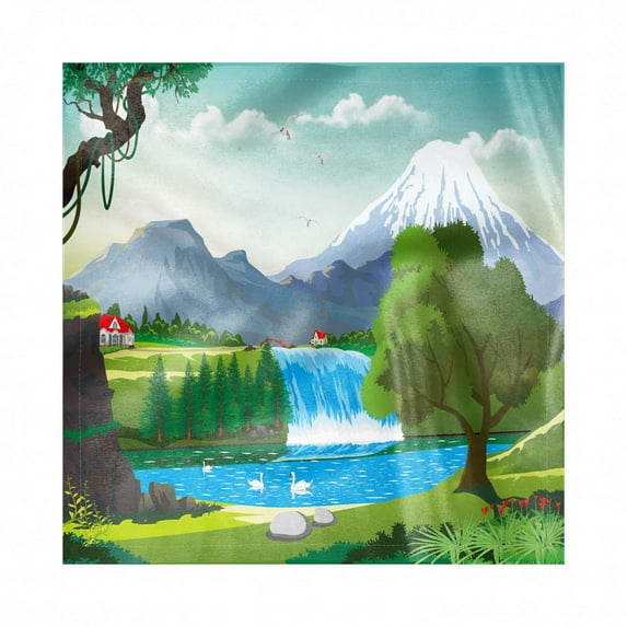 Travel Decorative Napkins Set of 4, Cartoon Style Landscape of a Lake near a Waterfall with Mountains on the Back, Silky Satin Fabric for Brunch Dinner Party, 18", Multicolor, by Ambesonne