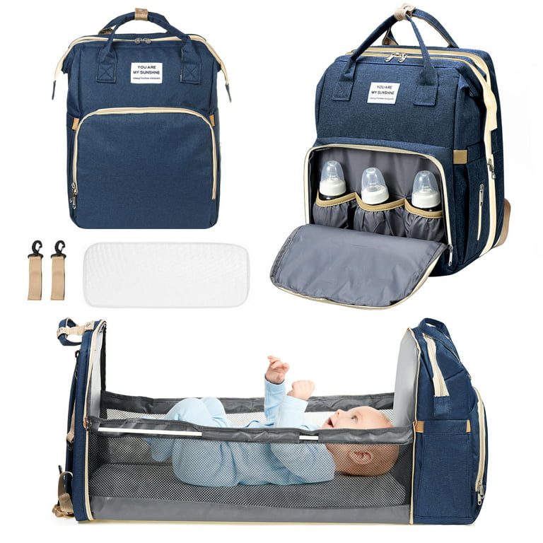 Singes Travel Diaper Bag, 3-in-1 Function Backpack, Crib Diaper Bag, Baby Changing Bag, Portable Foldable Baby Bag, Waterproof, Large Capacity, Blue