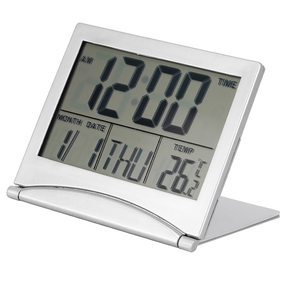 Travel Digital Clock: Alarm, Date, Time Temperature, Folding Stand 8 Alarm Sounds