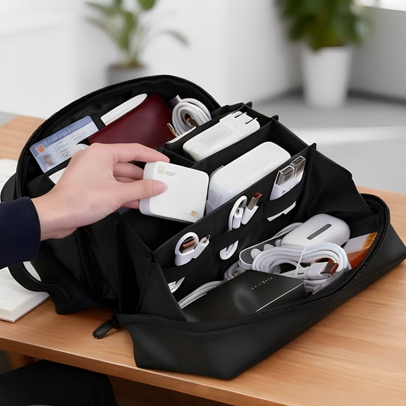 Travel Digital Organizer Bag, Large Capacity Multi-Grid Design, Water Resistant, Portable Electronics Accessories Case for Cables, Chargers, Black 9.1 x 4.3 x 4.3 in / 23 x 11 x 11 cm