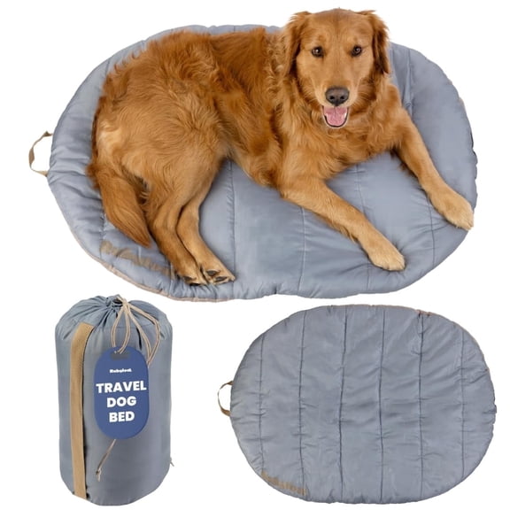 Dog Travel Bed (42" x 30"), Packable Bed for Travel and Road Trips for Medium & Large Breeds, Machine Washable, Grey
