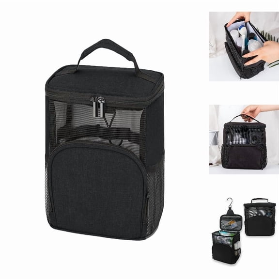 Travel Dorm Shower Caddy with Large Capacity Portable Organizer for Guys Breathable Mesh Steel Hook Ideal for Travel and Gym, 25X22.5X14.5 cm, Black