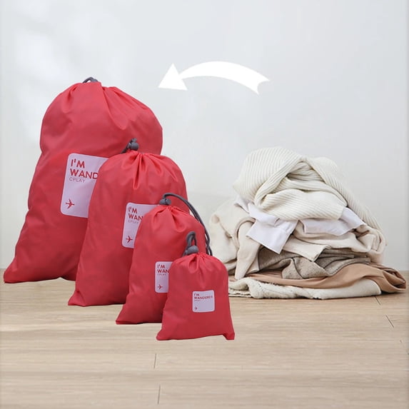 Travel Drawstring Bag Set, 4-Pack Nylon Organizers for Luggage, Clothes, Toiletries, Accessories, Multi-Size Storage Pouches for Packing, Coffee Pink Blue Red Yellow