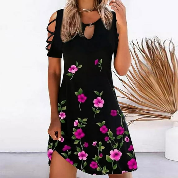 Travel Dresses for Women Wrinkle Free, Mini Summer Clothes 2023 Dresses Casual Floral Printed Tank Sleeveless Dress Crewneck Loose Beach Short