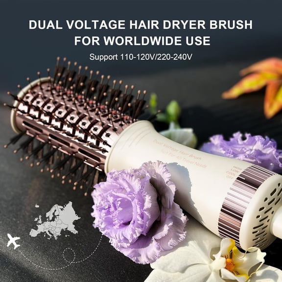 Travel Dual Voltage Hair Dryer Brush 4-IN-1 Portable Mini Hot Air Blow Dryer Straightener & Curler Brush, Round Blowout Styler Volumizer Tools, 110/240V US/EU/UK Plug for International Travel
