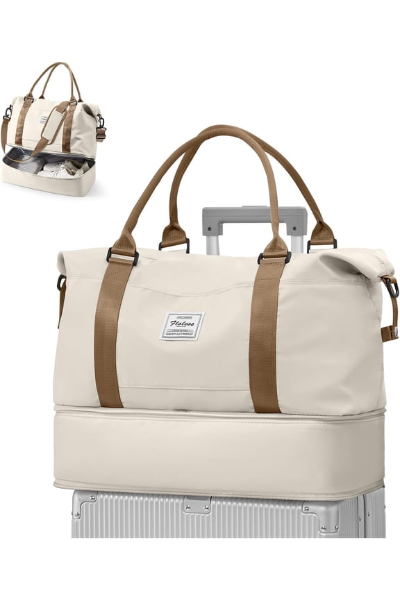 Travel Duffel Bag, 18x14x8 Inches Travel Bag Spirit with Shoes Compartment, Weekender Overnight Bag for Women with Trolley Sleeve, Carry  Bag for Airplanes  Tote Gym Bag(Beigebrown).