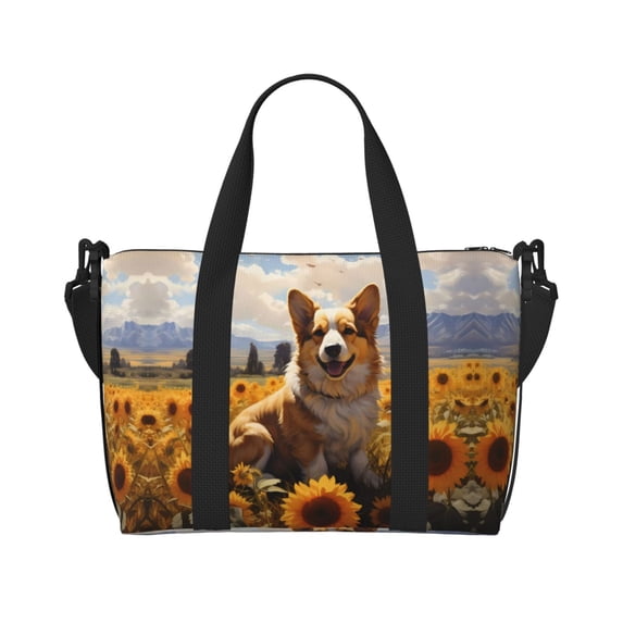 Travel Duffel Bag, Cute Corgi Sunflower Waterproof Carry On Overnight Tote Bags for Women/Men, Shoulder Weekender Gym Bag for Travel, Yoga