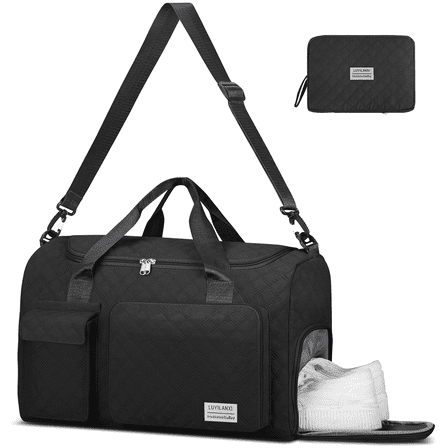 Travel Duffle Bag, Foldable Weekender Bags for Women with Shoe Compartment, Carry on Overnight Bag, Gym Duffel Bag with Wet Pocket, Hospital Bags for Labor and Delivery, Blaack