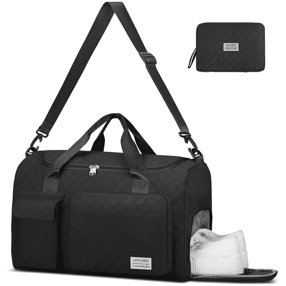 Travel Duffle Bag, Foldable Weekender Bags for Women with Shoe Compartment, Carry on Overnight Bag, Gym Duffel Bag with Wet Pocket, Hospital Bags for Labor and Delivery, Blaack