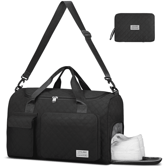 Travel Duffle Bag, Foldable Weekender Bags for Women with Shoe Compartment, Carry on Overnight Bag, Gym Duffel Bag with Wet Pocket, Hospital Bags for Labor and Delivery, Blaack