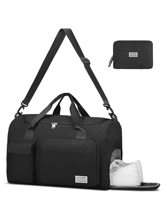 Travel Duffle Bag, Foldable Weekender Bags for Women with Shoe Compartment, Carry on Overnight Bag, Gym Duffel Bag with Wet Pocket, Hospital Bags for Labor and Delivery, Blaack