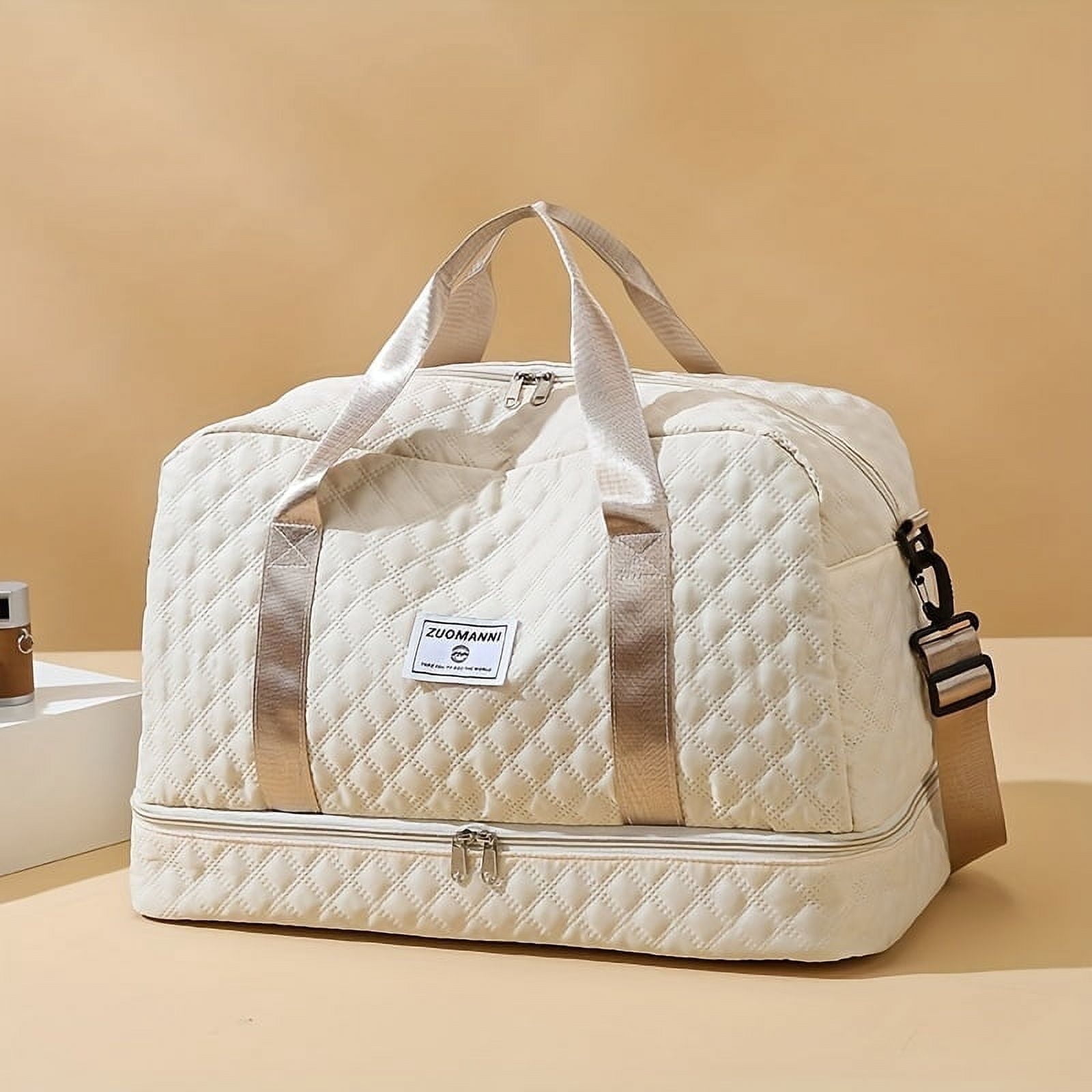 Travel Duffel Bag, Model for Women, with Wet Pocket, 1-Pack, Medium Size - Grid-beige for Overnight, Gym, Hospital Use