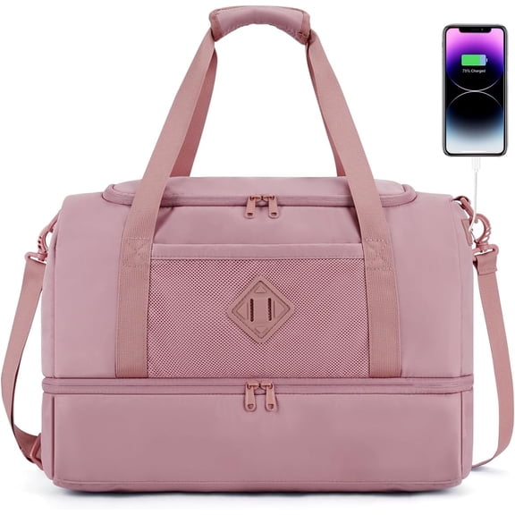 Travel Duffel Bag with Wet Pocket & Shoe Compartment, 18x14x8 Personal Item Bag with   Port, Water-Resistant Gym Weekender Overnight Carry- for Women Men ()