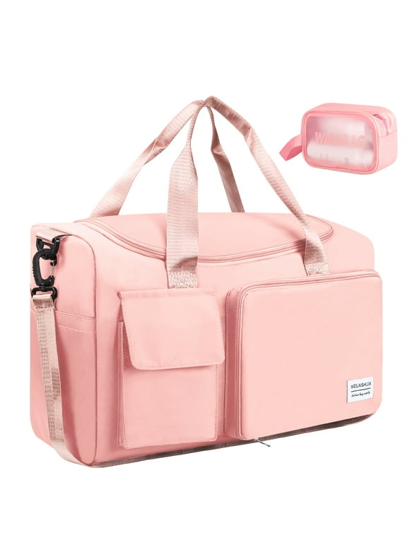 Travel Duffel Bag for Women, Foldable Weekender Overnight Bag with Shoe Compartment, Waterproof Shoulder Sports Tote Gym Bag with Toiletry Bag for Travel, Hospital Holdalls, Pink