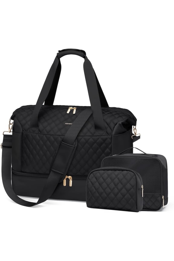 Travel Duffel Bag for Women Weekender Overnight Carry Tote Duffle Bag Personal Item Bag with Shoe Compartment Wet Pocket for Business Trips Travel Gym Yoga ,3 Pcs Set,43L,Black