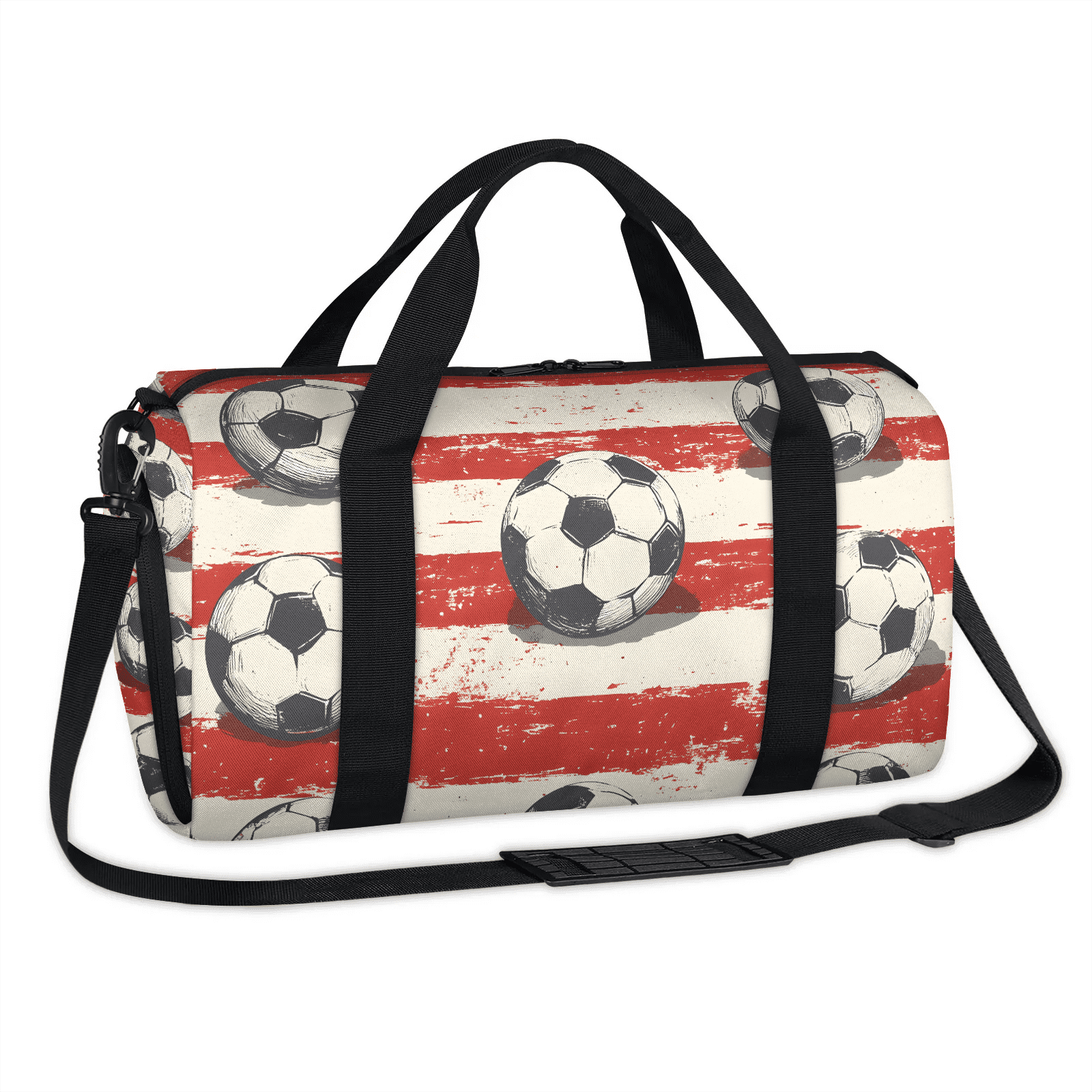 Travel Duffel Bag for Sports Gear, Weekender Carry-On Bag with Shoe Compartment, 17.72x9.06x8.46 Inches, Soccer Ball Print