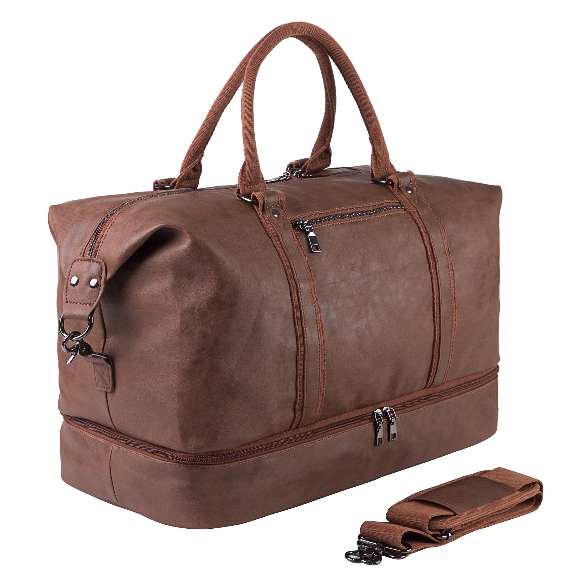 Travel Duffel Bag with Shoe Pouch Large Carry on Bag PU Leather Waterproof Weekender Overnight Bag for Men Women Brown