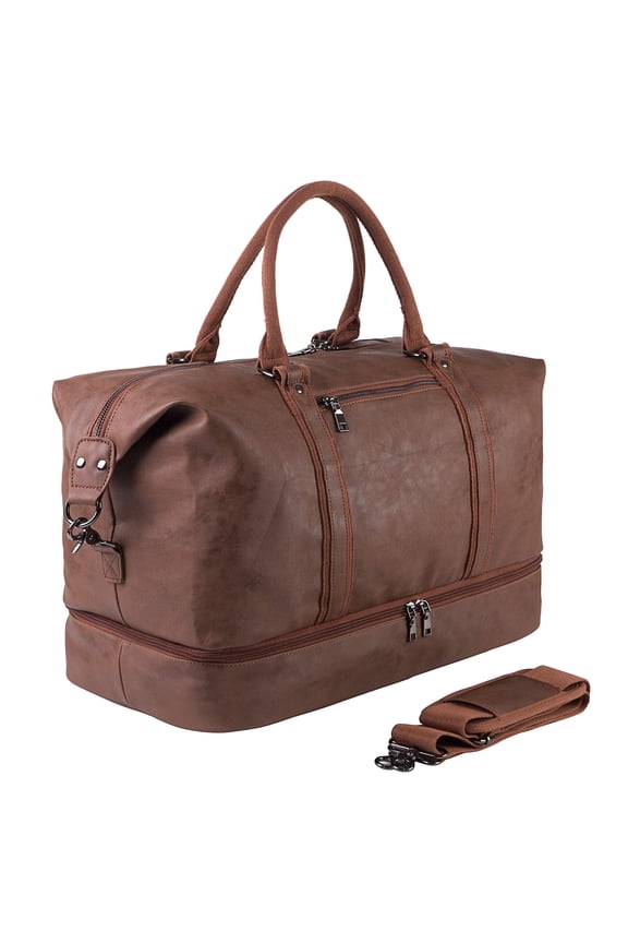 Travel Duffel Bag with Shoe Pouch Large Carry on Bag PU Leather Waterproof Weekender Overnight Bag for Men Women Brown