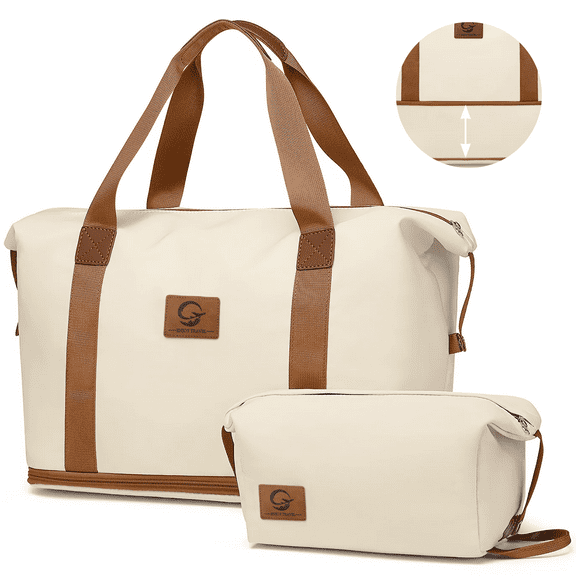 CshidWorld Expandable Women's Travel Duffle Bag - Carry-On Weekender Overnight Bag with Wet Pocket & Toiletry Bag, Water-Resistant Gym Bag for Fitness, Yoga, Business Trips, Off-White