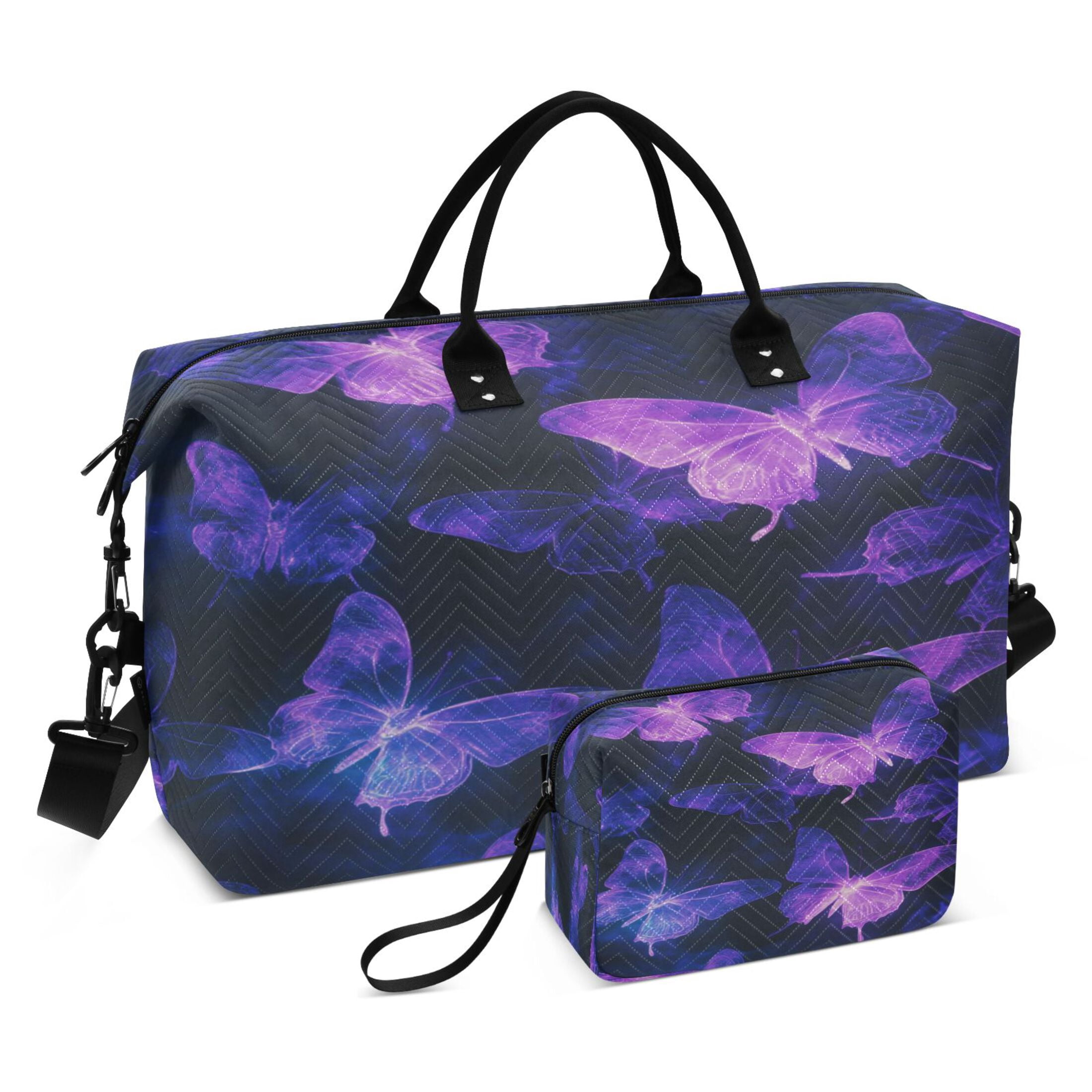 Travel Duffel Luggage Bag Sports Duffle Bag Gym Bag with Zipper Purple Glowing Butterflies