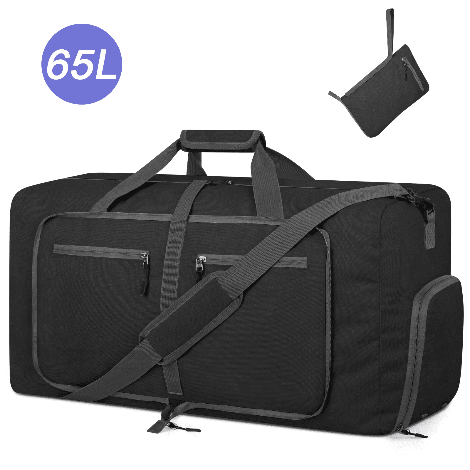 DAKOMM Travel Duffle Bag, 65L Foldable Weekender Bags for Women with Shoe Compartment, Carry on Overnight Bag for Men Women, 24" Gym Travel Bag Water Repellent & Tear Resistant, Black