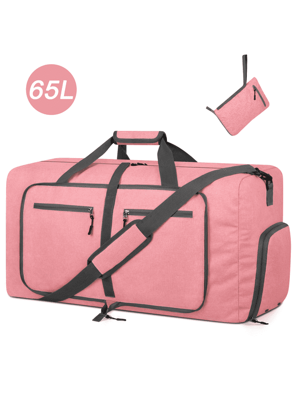 Travel Duffle Bag, 65L Foldable Weekender Bags for Women with Shoe Compartment, Carry on Overnight Bag for Men Women, 24" Gym Travel Bag Water Repellent & Tear Resistant, Pink