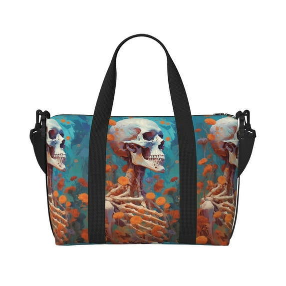 Travel Duffle Bag Artistic Orange Carnation Skull Travel Tote Bags Carry on Luggage Waterproof Weekender Bags with Top Handle Adjustable Shoulde Strap for Travel Gym