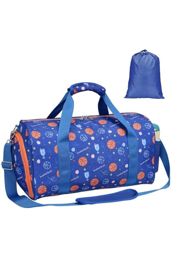 Travel Duffle Bag Boys - Waterproof Kids Gym Sports Bag for Overnight Sleepover Bag with Shoe Compartment and Dry Wet Separation Pockets (Blue Basketball)