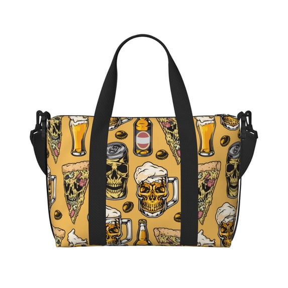 Travel Duffle Bag Cute Skull Pizza Travel Tote Bags Carry on Luggage Waterproof Weekender Bags with Top Handle Adjustable Shoulde Strap for Travel Gym