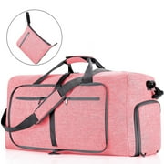 Travel Duffle Bag for Men Women, 65L Foldable Travel Duffel Bag with Shoes Compartment, 24 Extra Large Overnight Bag, Waterproof & Tear Resistant Weekender Bags (Pink)